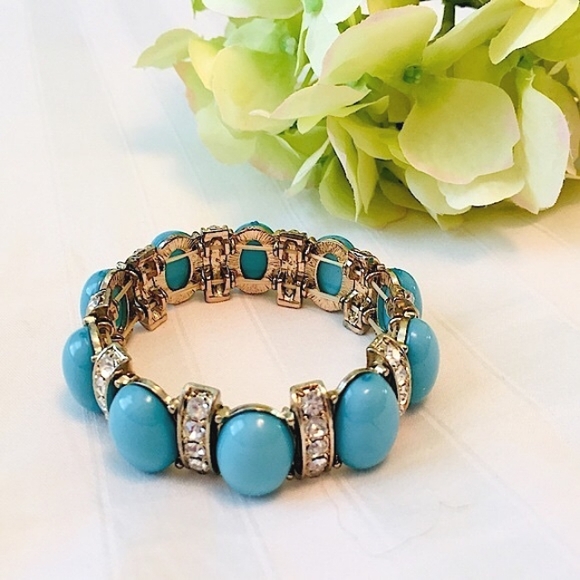 Gold Turquoise Rhinestone Stretch Bracelet - Picture 4 of 7